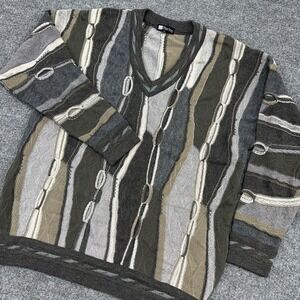 Purely Merino Sweater Mens XL Gray 3D Knit Textured V Neck Wool Australia Biggie